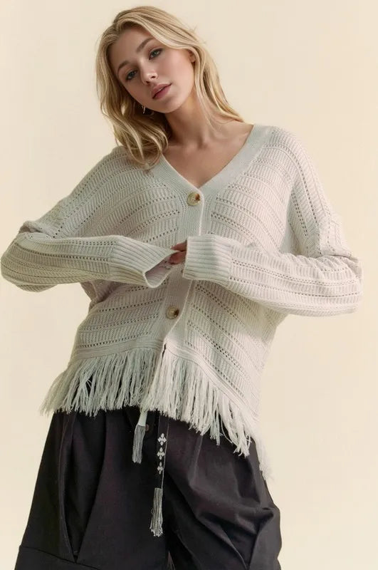 Davi & Dani Fringe V-Neck Button Up Long Sleeve Cardigan Silver Grey - Fashorio