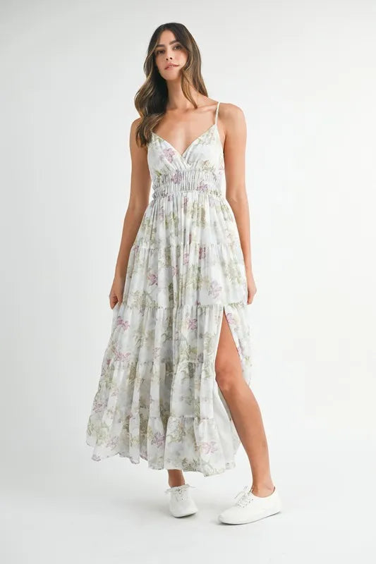 green floral tiered cami maxi dress back view