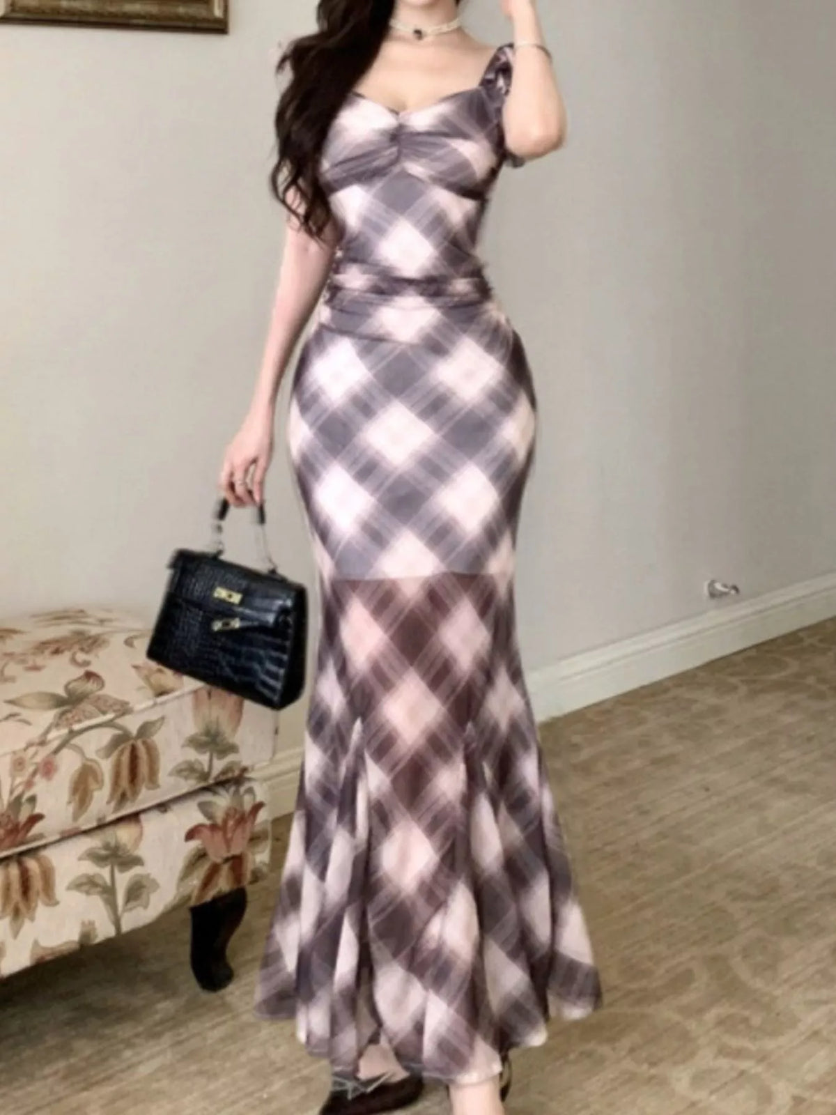 Plaid ruffle cap sleeve bodycon dress view 8