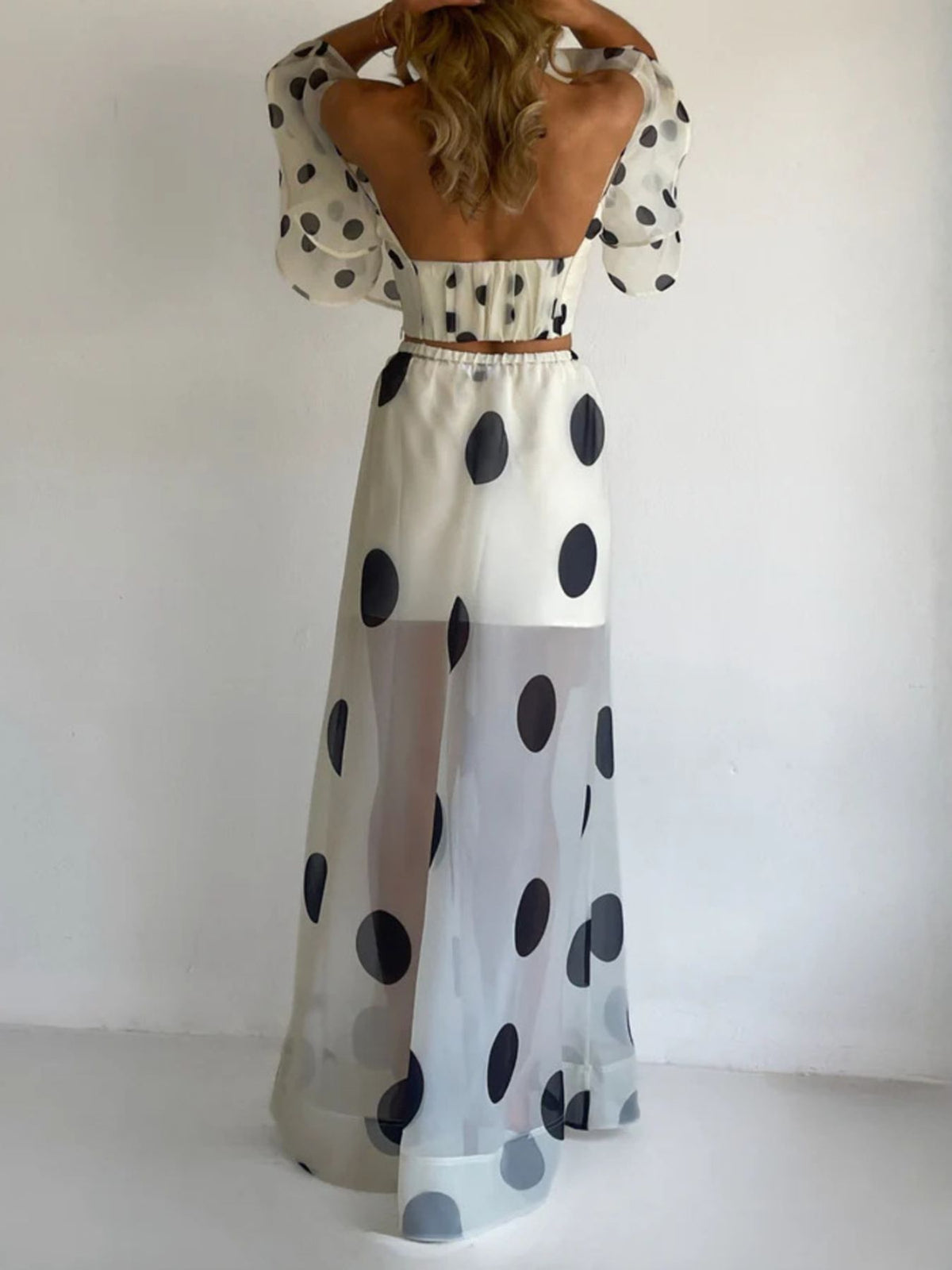 Red polka dot crop top and maxi skirt set