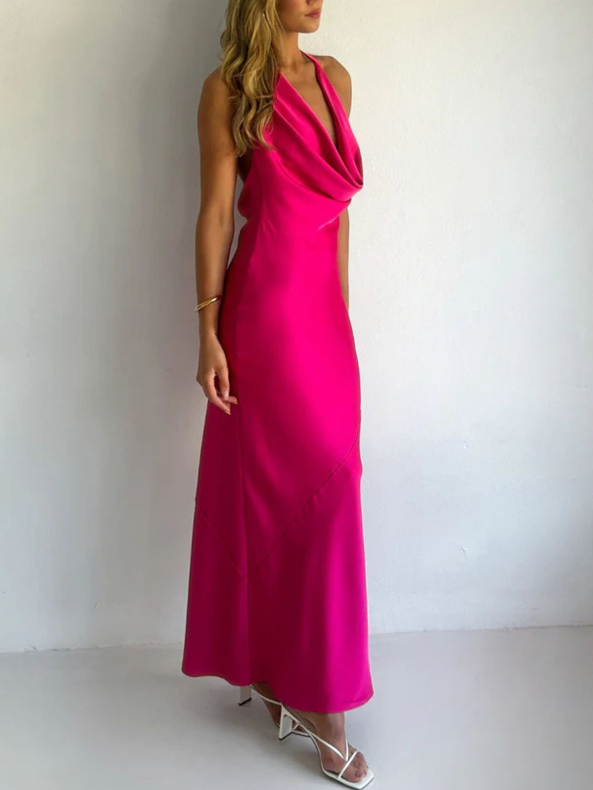 Satin maxi dress tie back view