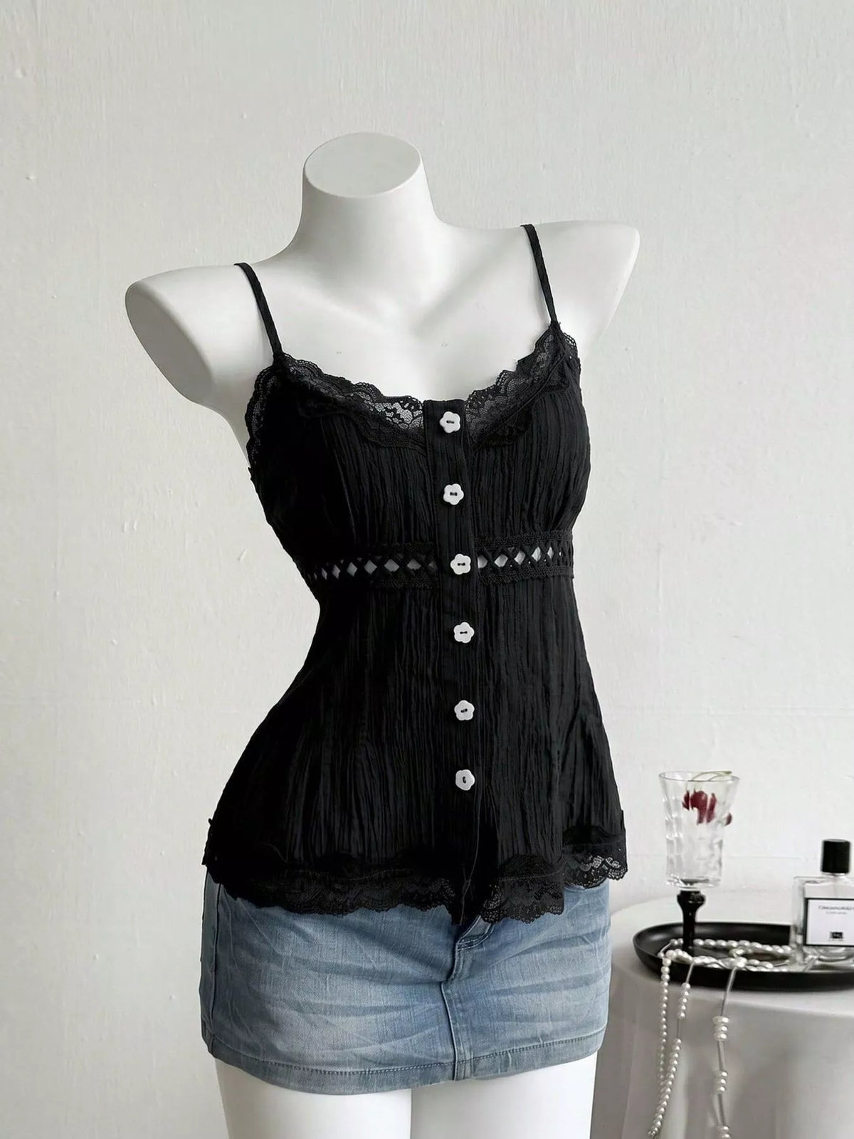 Lace trim cami front view on model