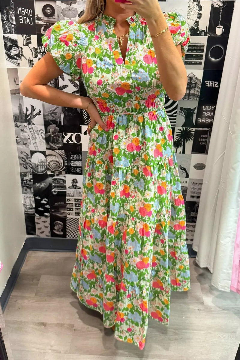 Floral V neck puff sleeve cotton maxi dress in lime front view