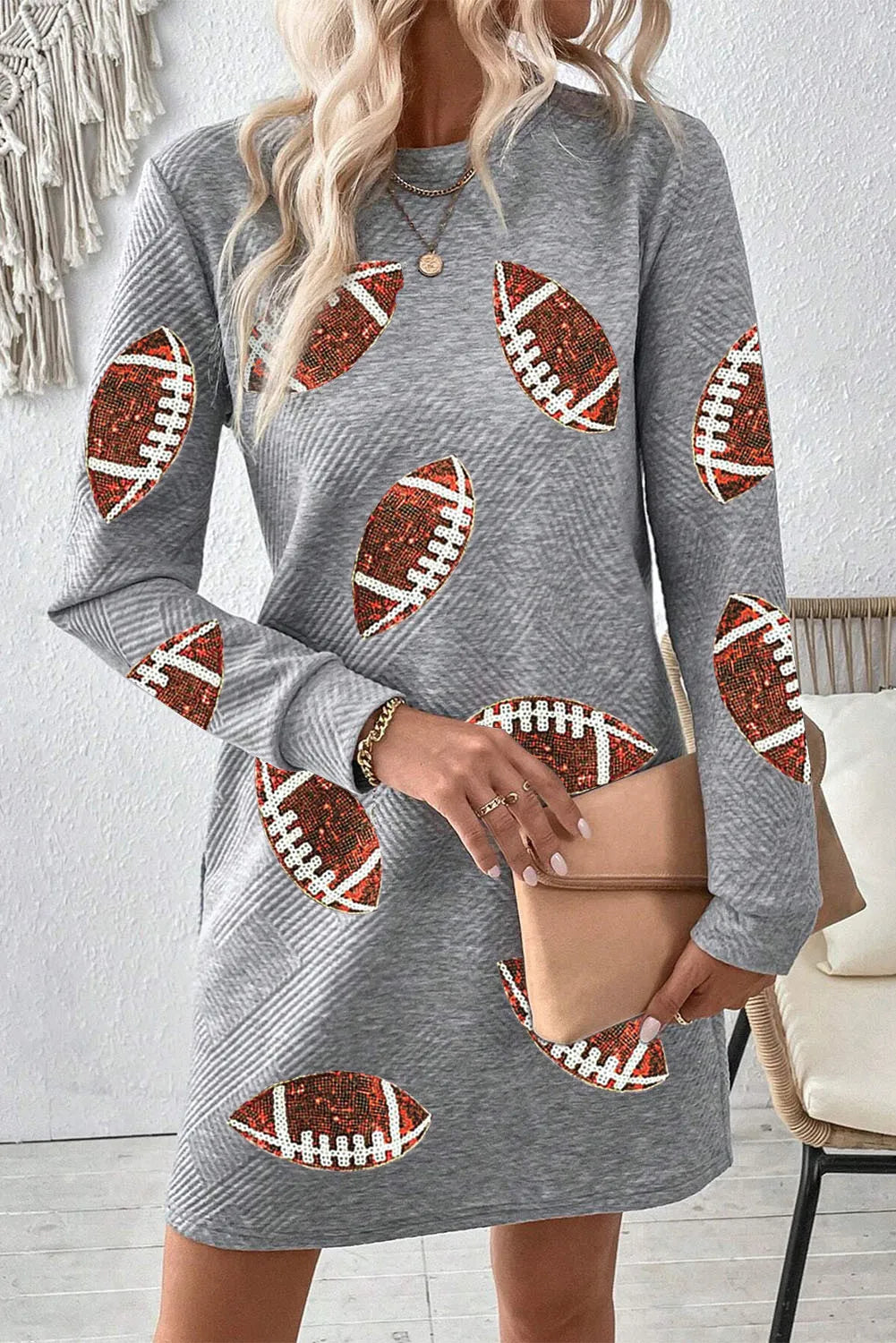 Sequin Football Long Sleeve Mini Dress in Gray detail