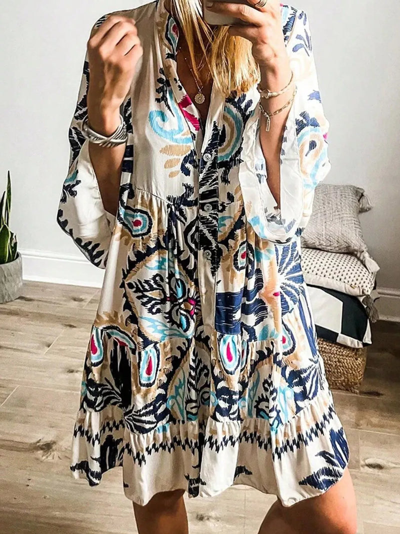 Elowen bohemian print tiered mini dress on white, front view