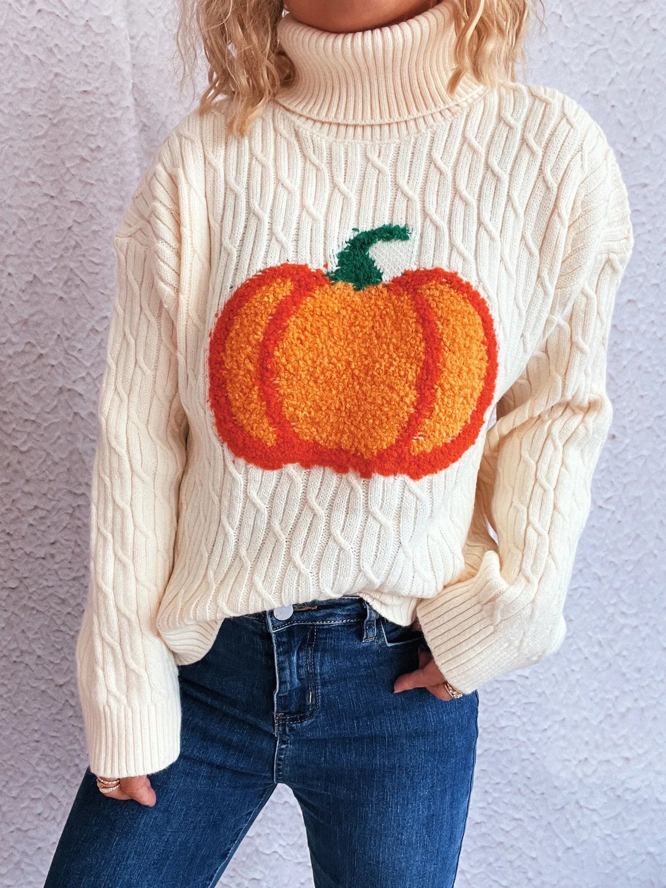 Pumpkin Turtleneck Long Sleeve Sweater - Fashorio