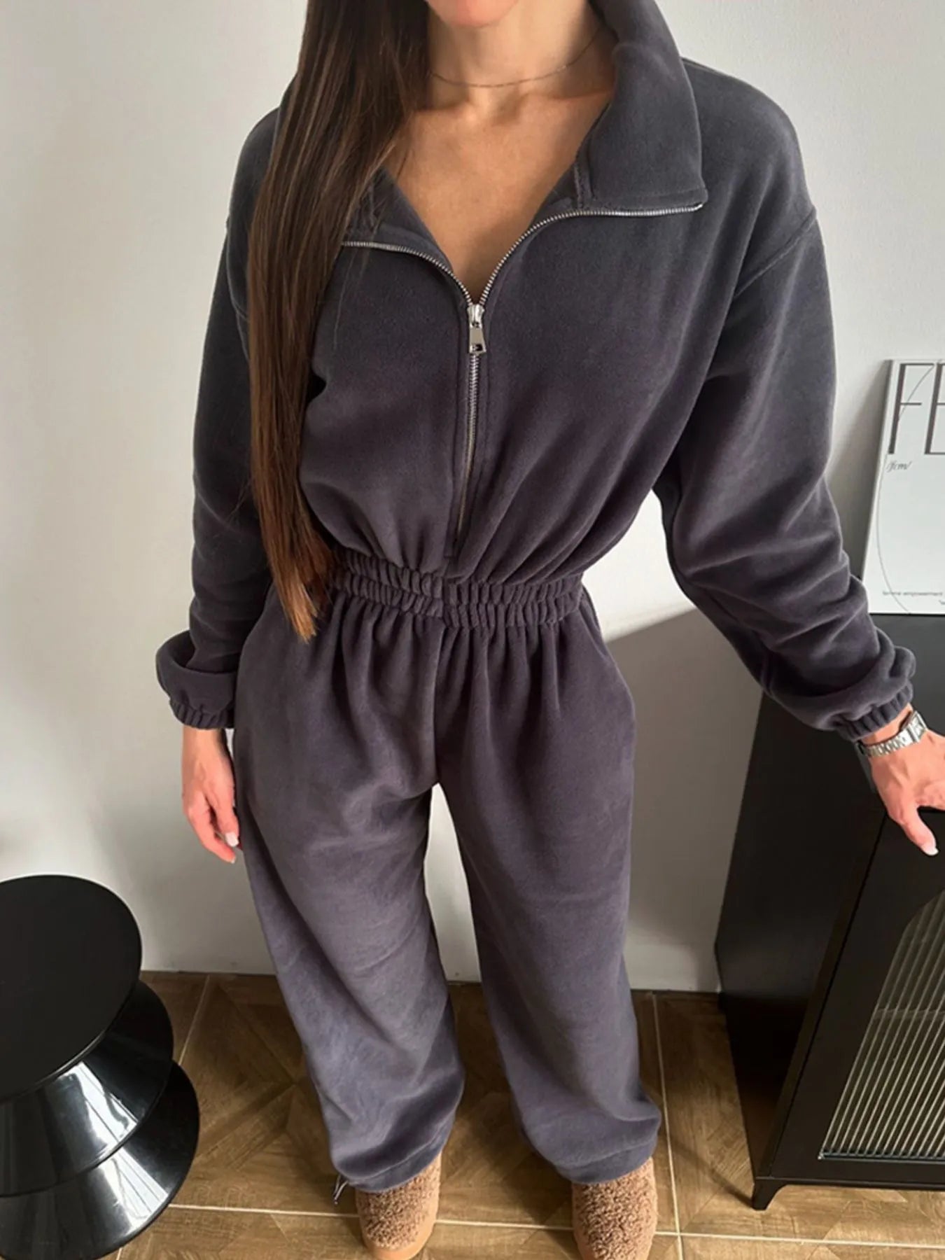Zip Front Long Sleeve Jumpsuit - Fashorio