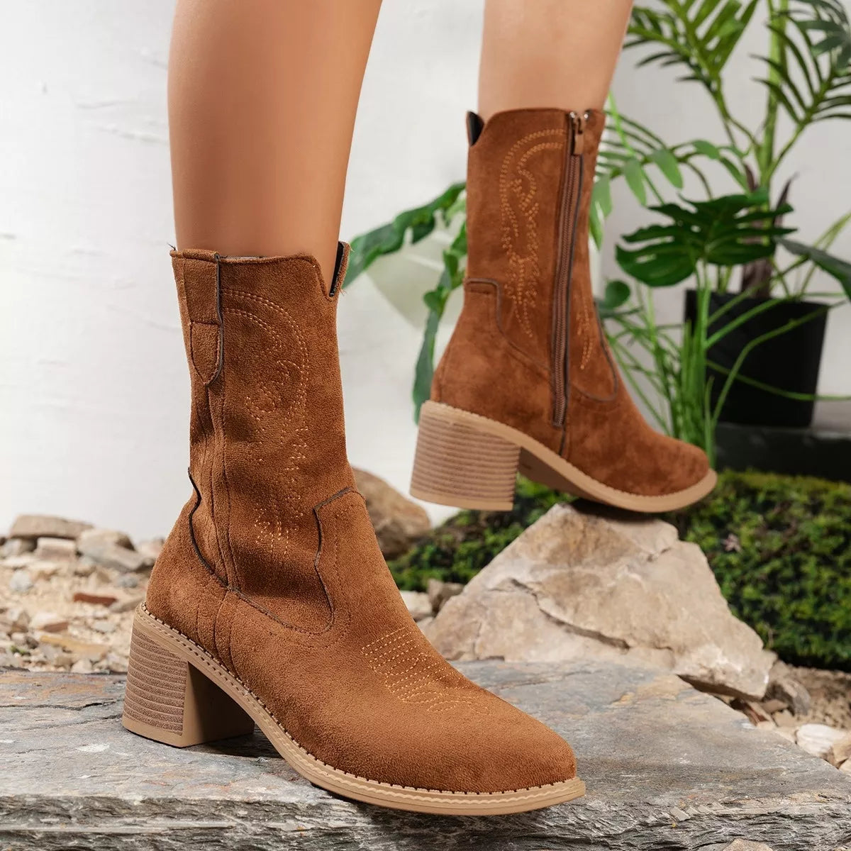 Suede Block Heel Western Boots heel detail