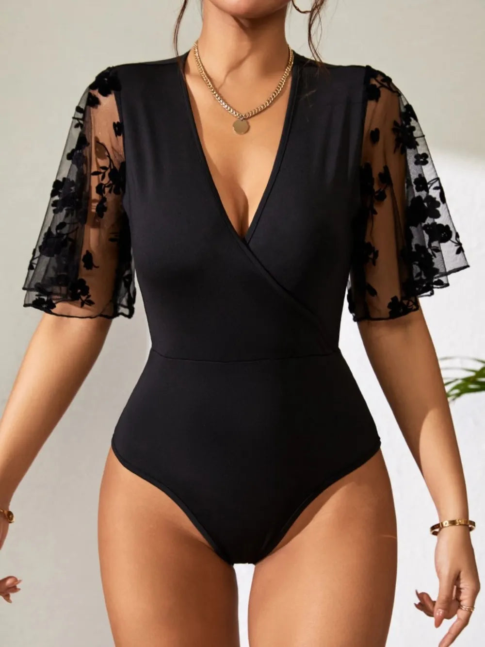 Surplice Lace Flutter Sleeve Bodysuit - Fashorio