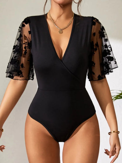 Surplice Lace Flutter Sleeve Bodysuit - Fashorio