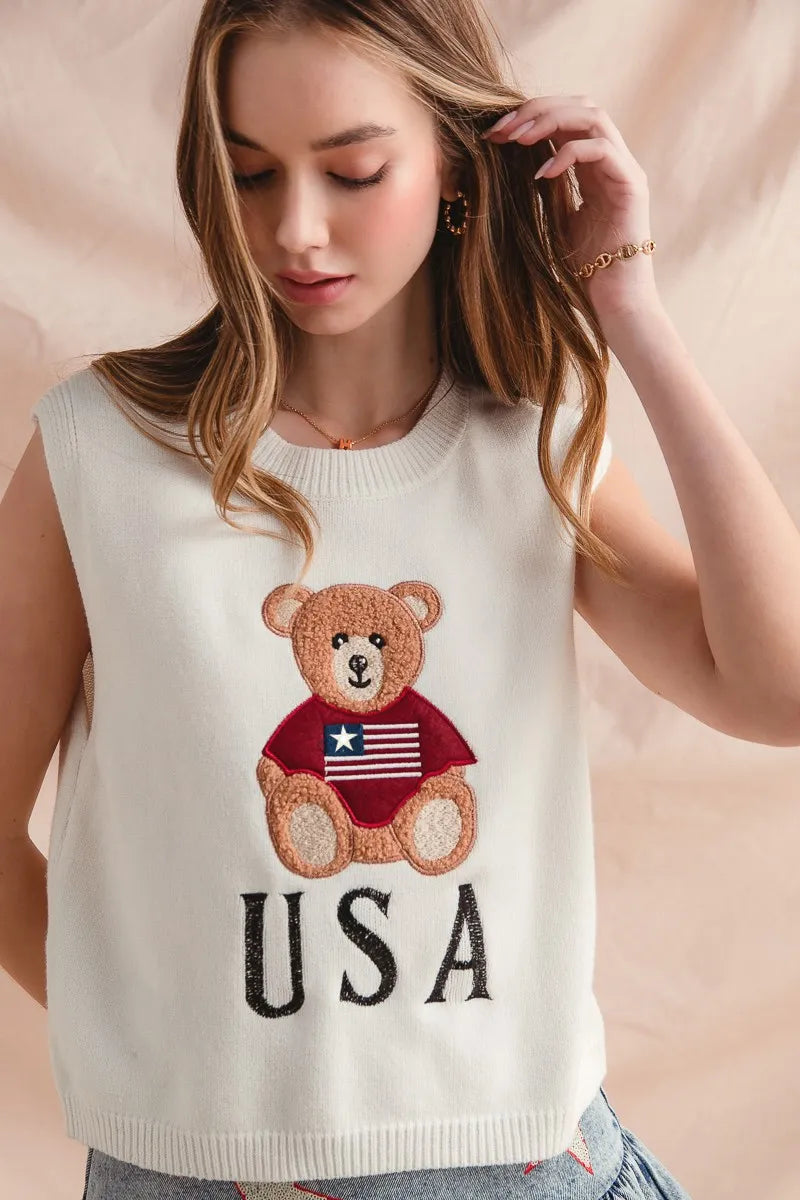 SO ME Teddy Bear Wearing An American Flag With Usa Embroidered Sweater Vest - Fashorio