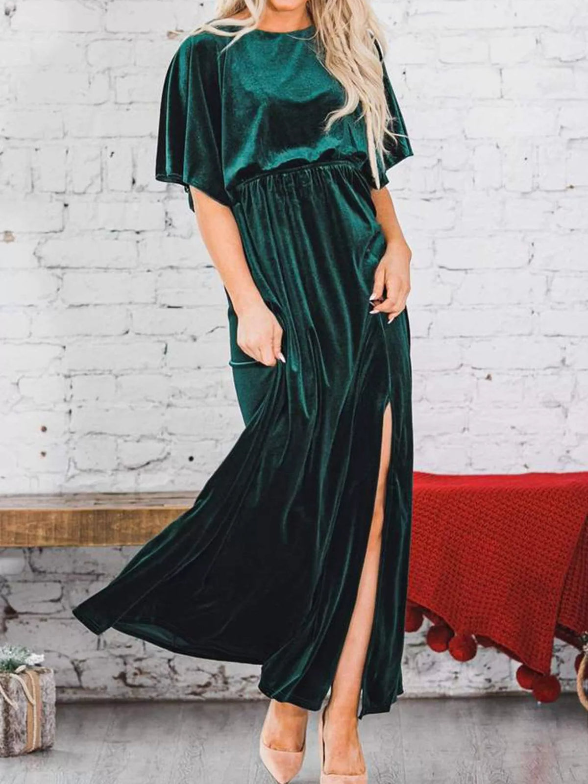 flutter sleeve velvet maxi dress front view