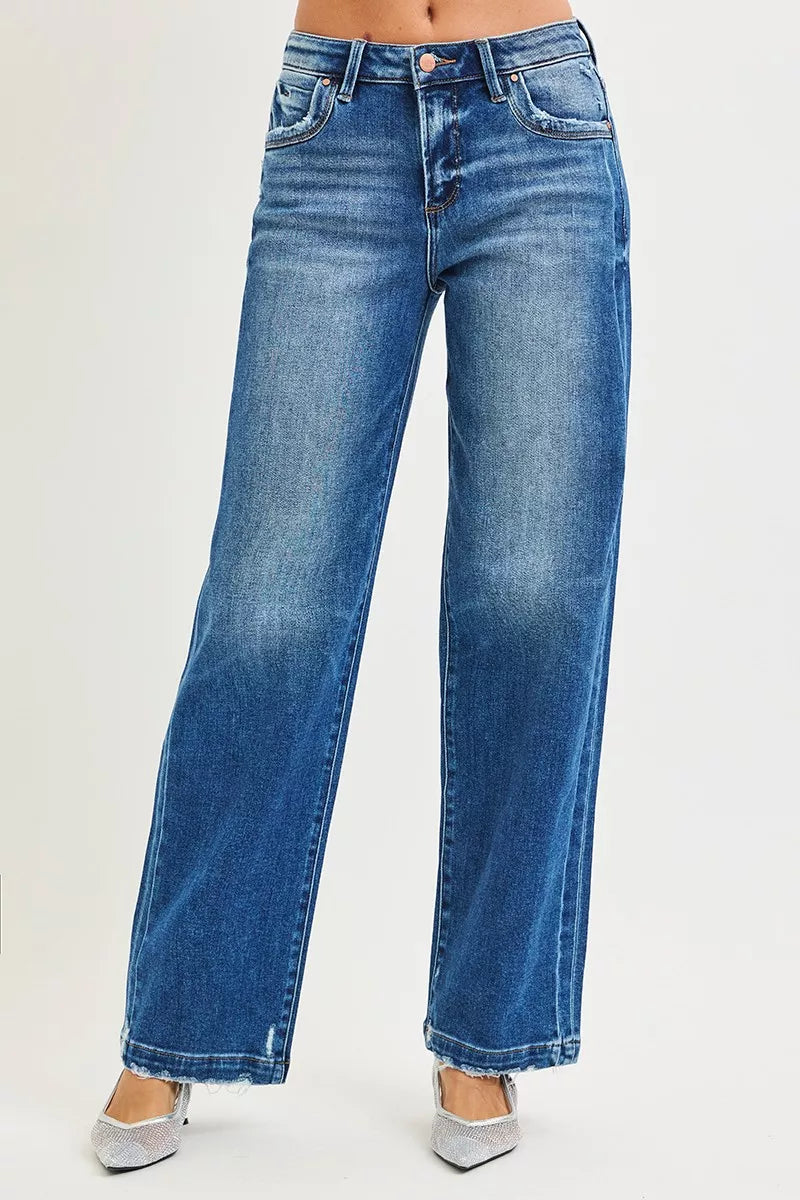 RISEN slouchy baggy jeans in dark blue wash front view