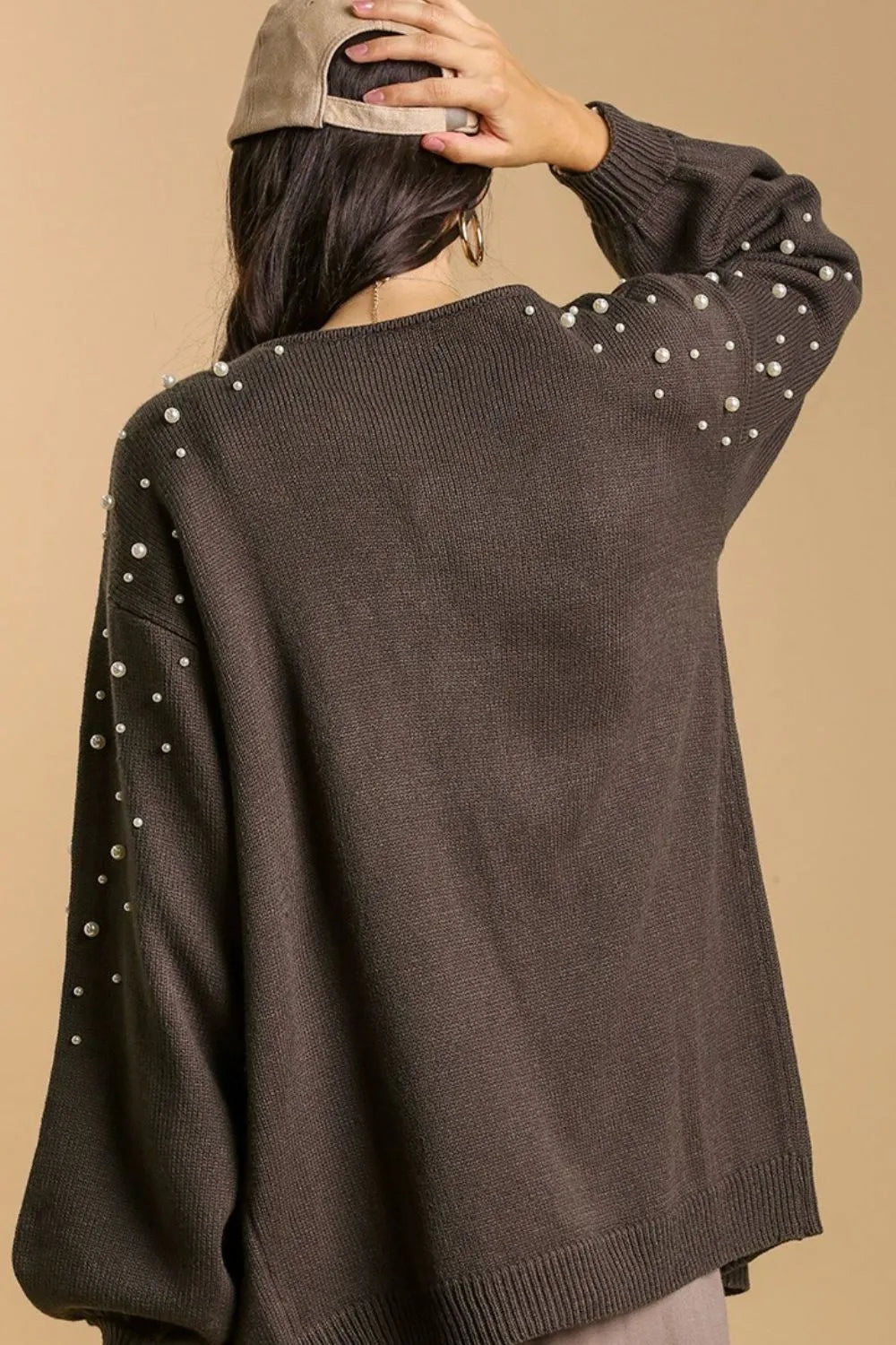 Umgee Full Size Open Front Cardigan with Long Sleeve Pearl Details Plus Size - Fashorio