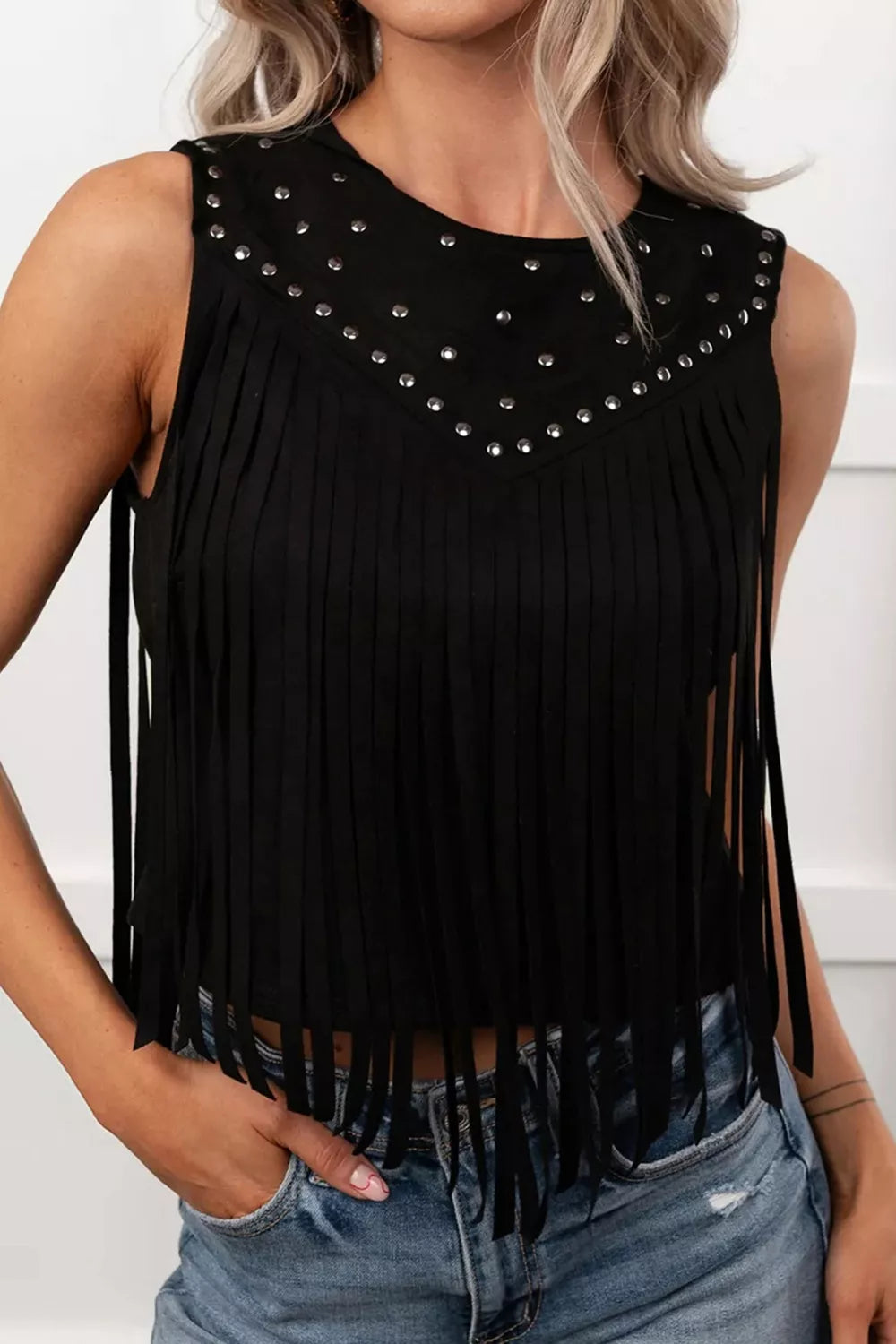 Sleeveless fringe top side view