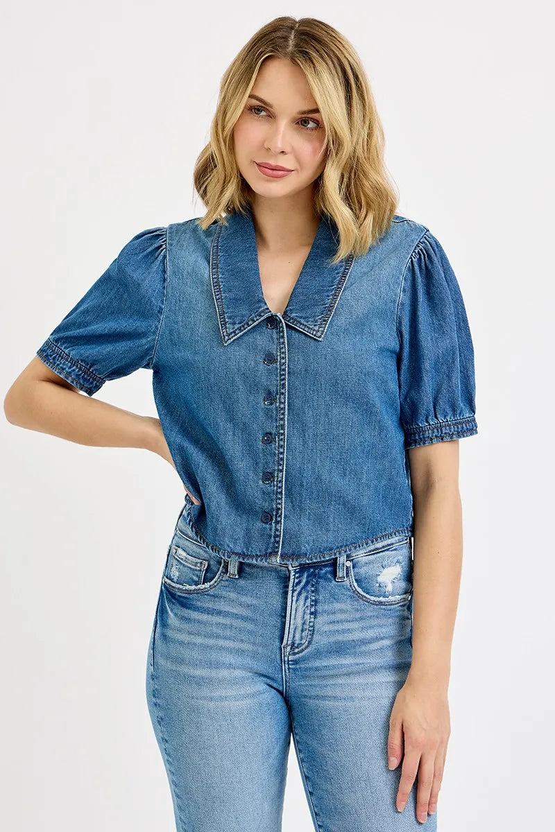 RISEN Button Down Puff Sleeve Crop Denim Shirt - Fashorio
