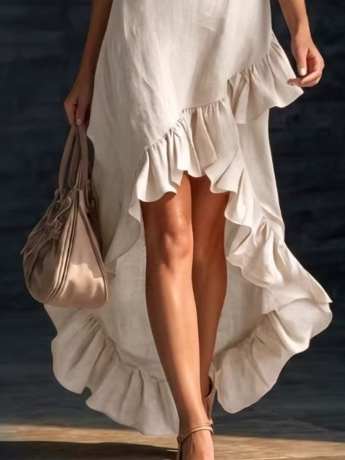 V neck ruffle hem high low maxi dress side view