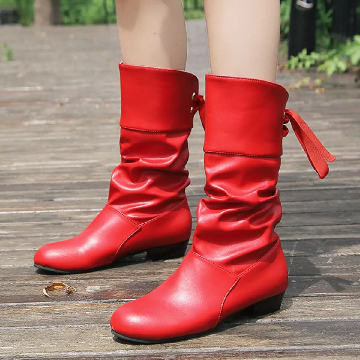 Round Toe Block Heel Boots toe close up