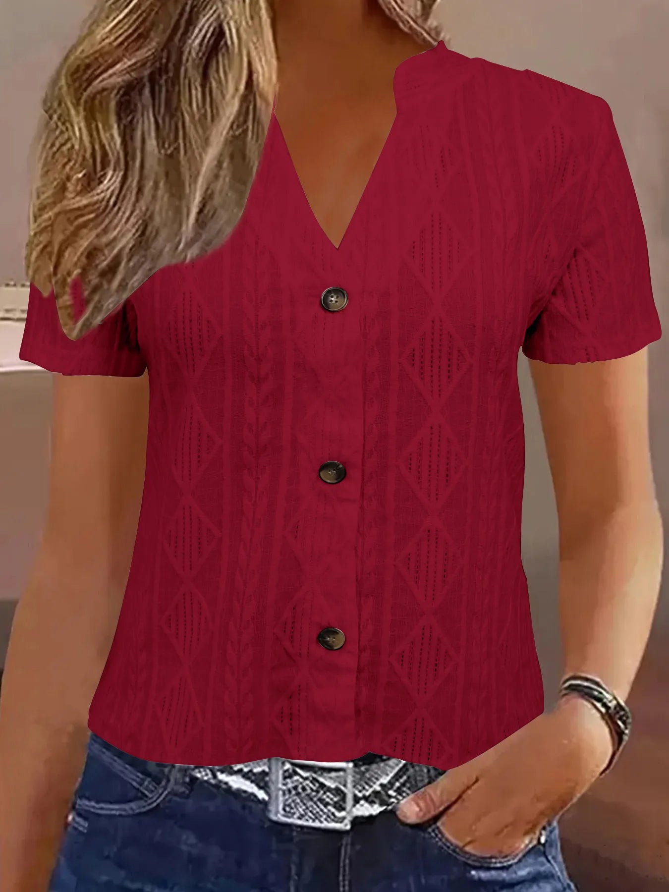Textured Notched Short Sleeve Blouse Burgundy - Fashorio