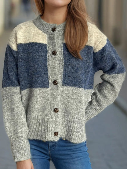 Color Block Round Neck Button Up Cardigan - Fashorio