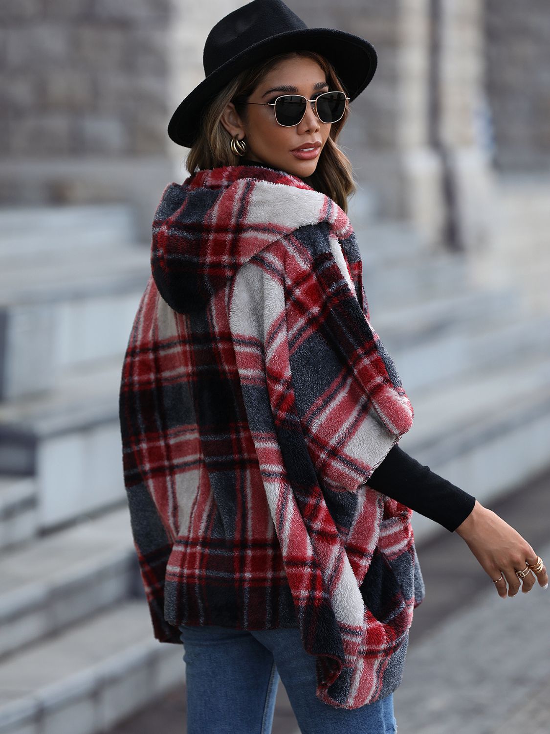 Plaid Hooded Coat with Pockets - Fashorio