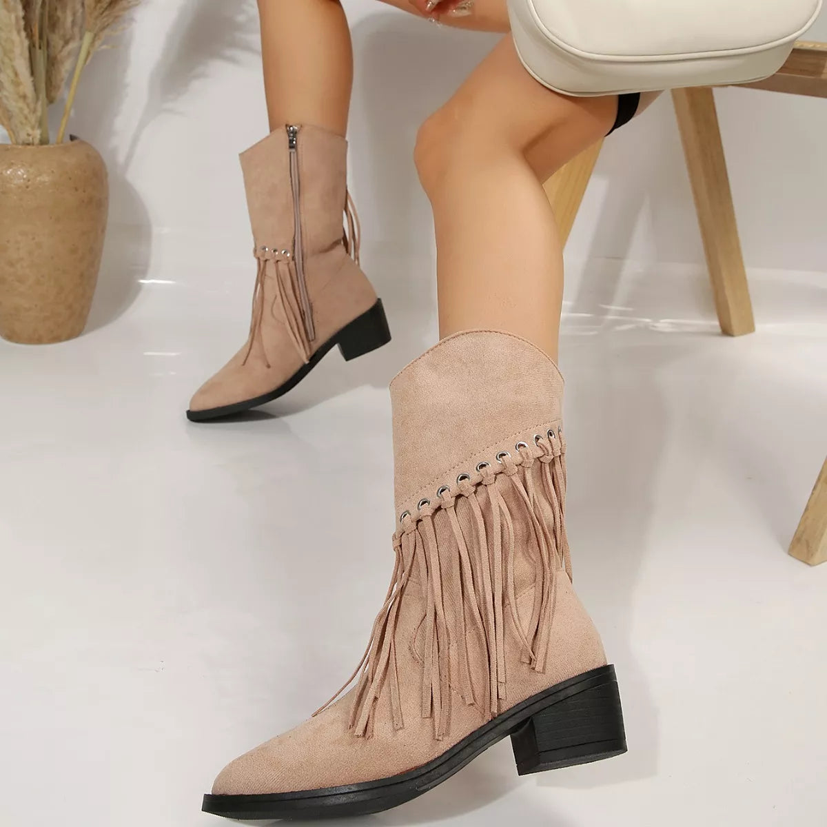 Fringe Western Block Heel Boots in apricot