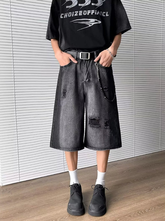 Men's Full Size Distressed Wide Leg Denim Shorts Plus Size Black - Fashorio