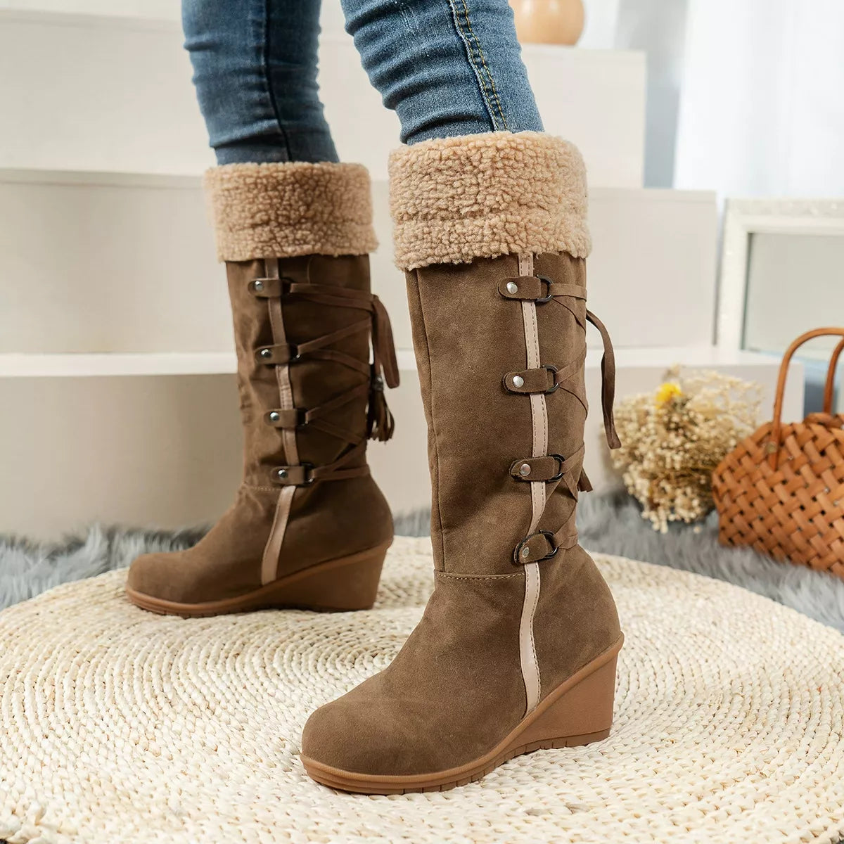Round toe wedge boots full length shot