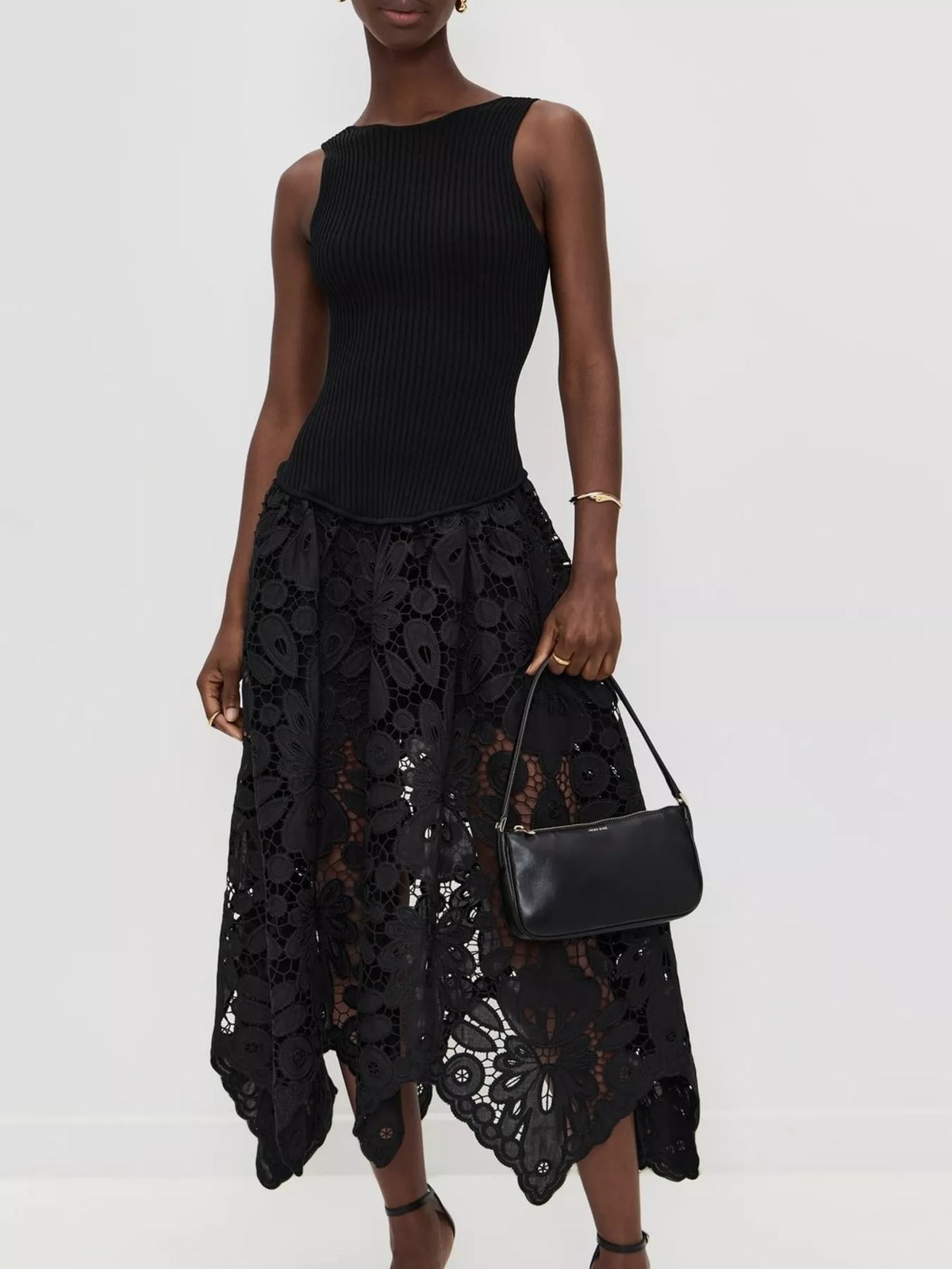ribbed crochet sleeveless midi dress fabric and detail close up