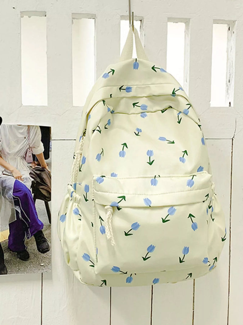 Floral print nylon backpack in sky blue front view