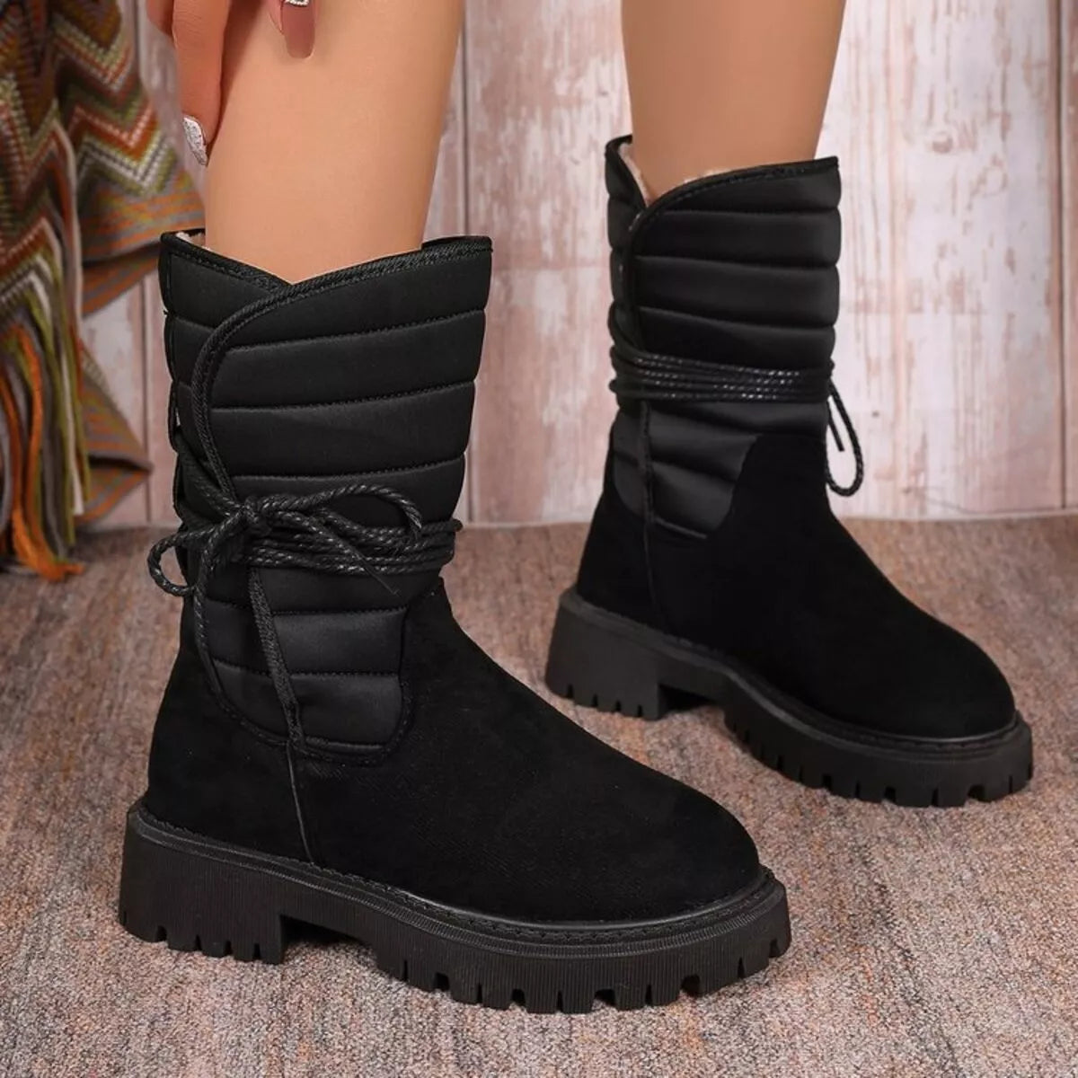 Quilted lace up mid calf boots angled view