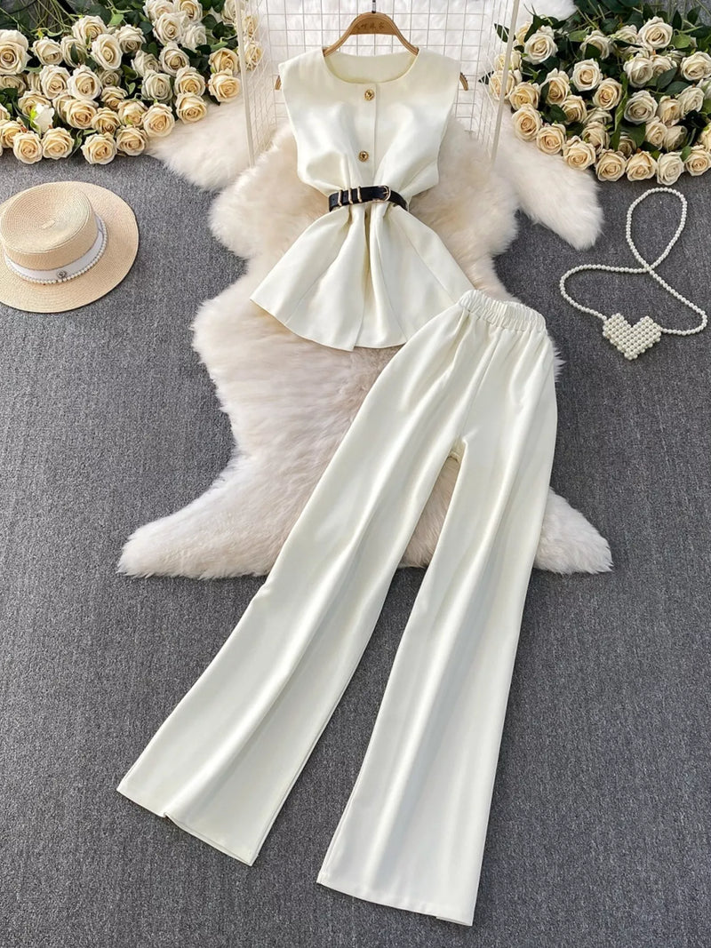 Sleeveless belted top and wide leg pants set front view