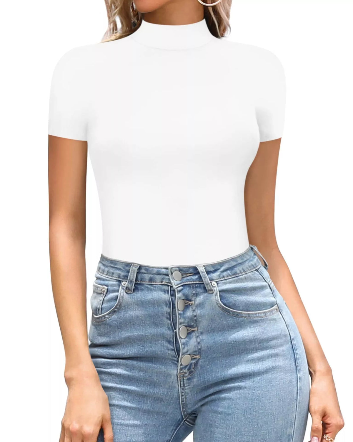 Mock neck short sleeve bodysuit three quarter view