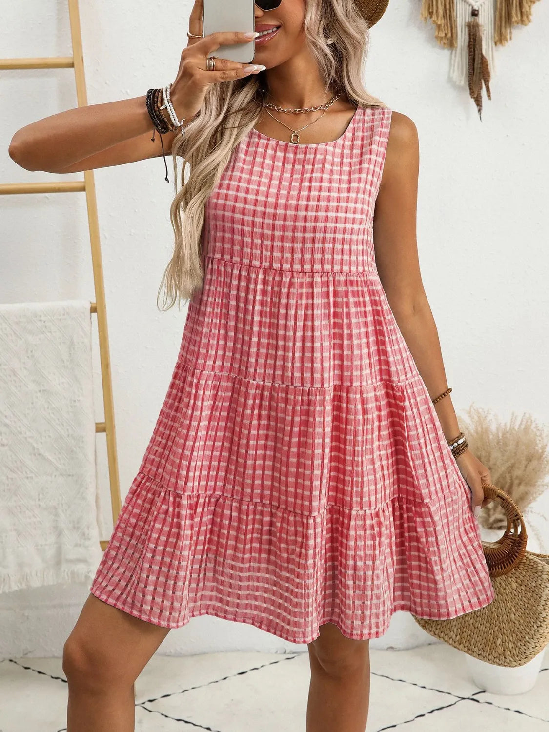 Plaid Round Neck Sleeveless Mini Dress in Light Blue view 12
