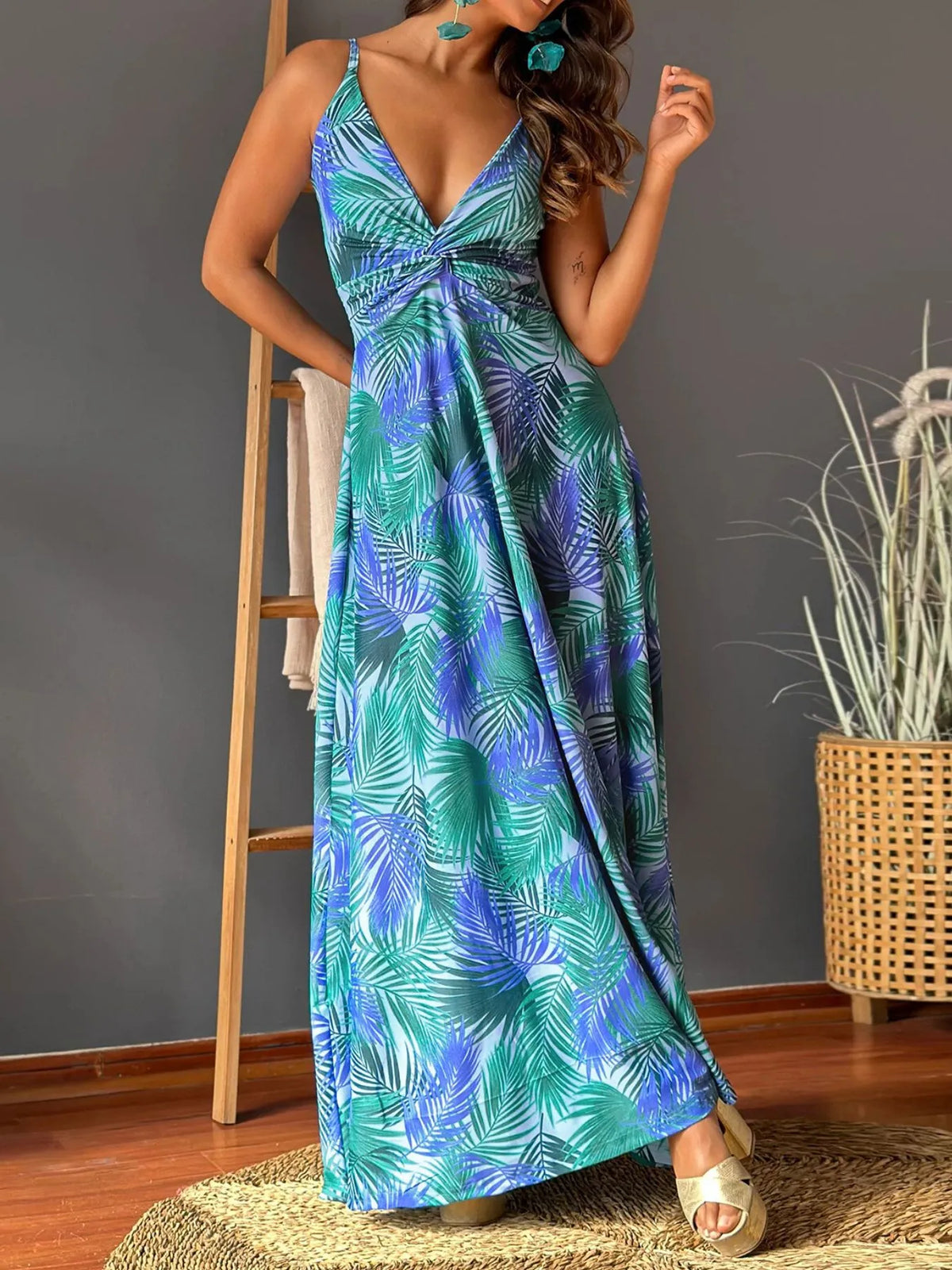 Tropical print v neck maxi dress, front view