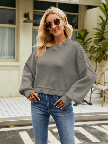 Round Neck Lantern Sleeve Sweater Charcoal - Fashorio