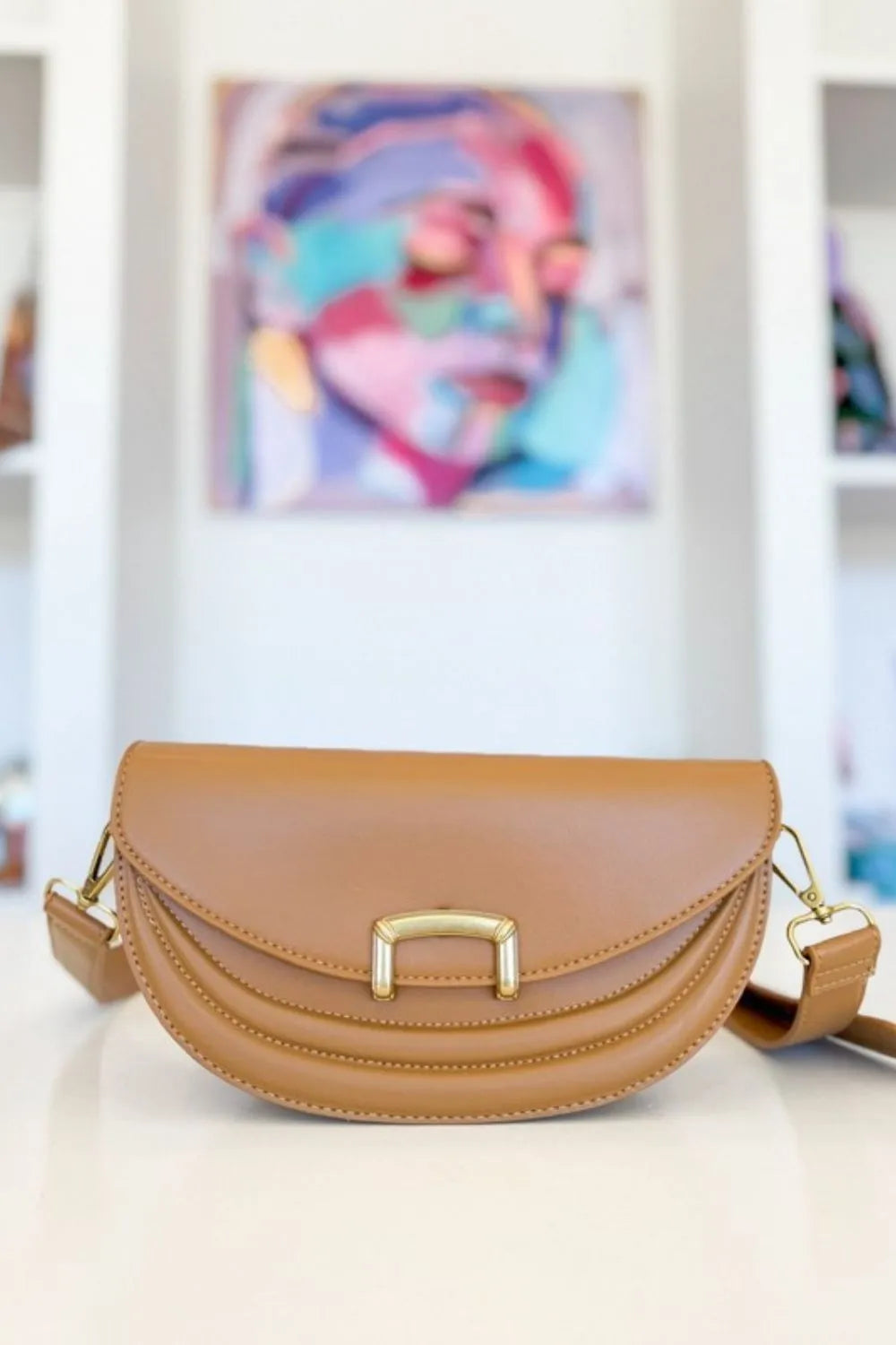 Buckle Closure Crescent Faux Leather Crossbody Bag