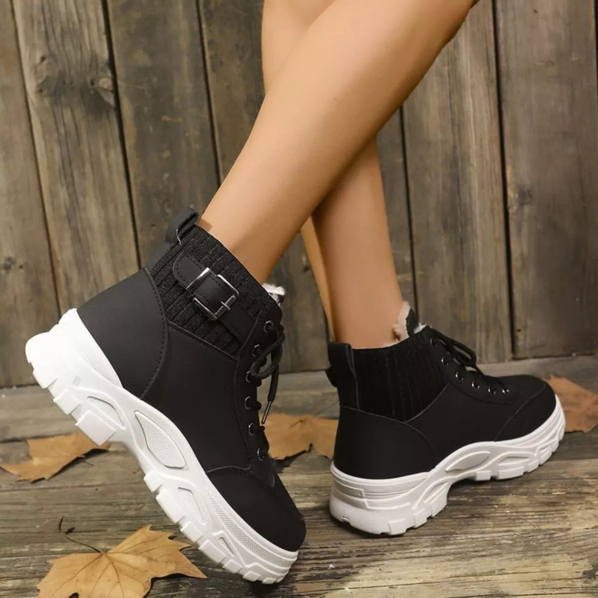 Plush lining lace up boots angled view