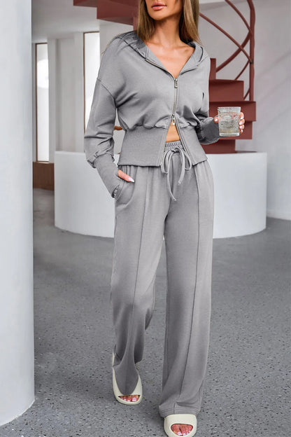 Dropped Shoulder Hoodie and Drawstring Pants Active Set Dark Gray - Fashorio