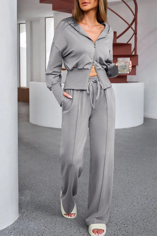 Dropped Shoulder Hoodie and Drawstring Pants Active Set Dark Gray - Fashorio
