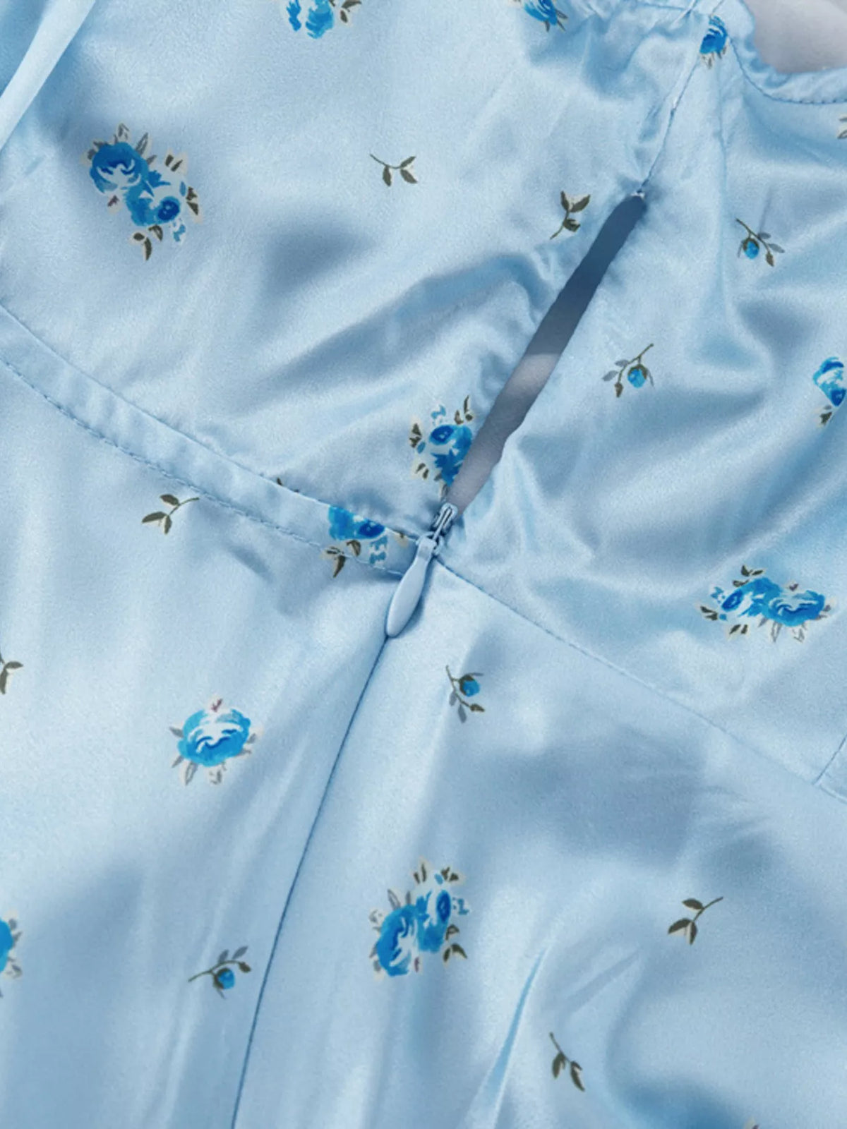 Skirt and hem detail of the light blue maxi dress