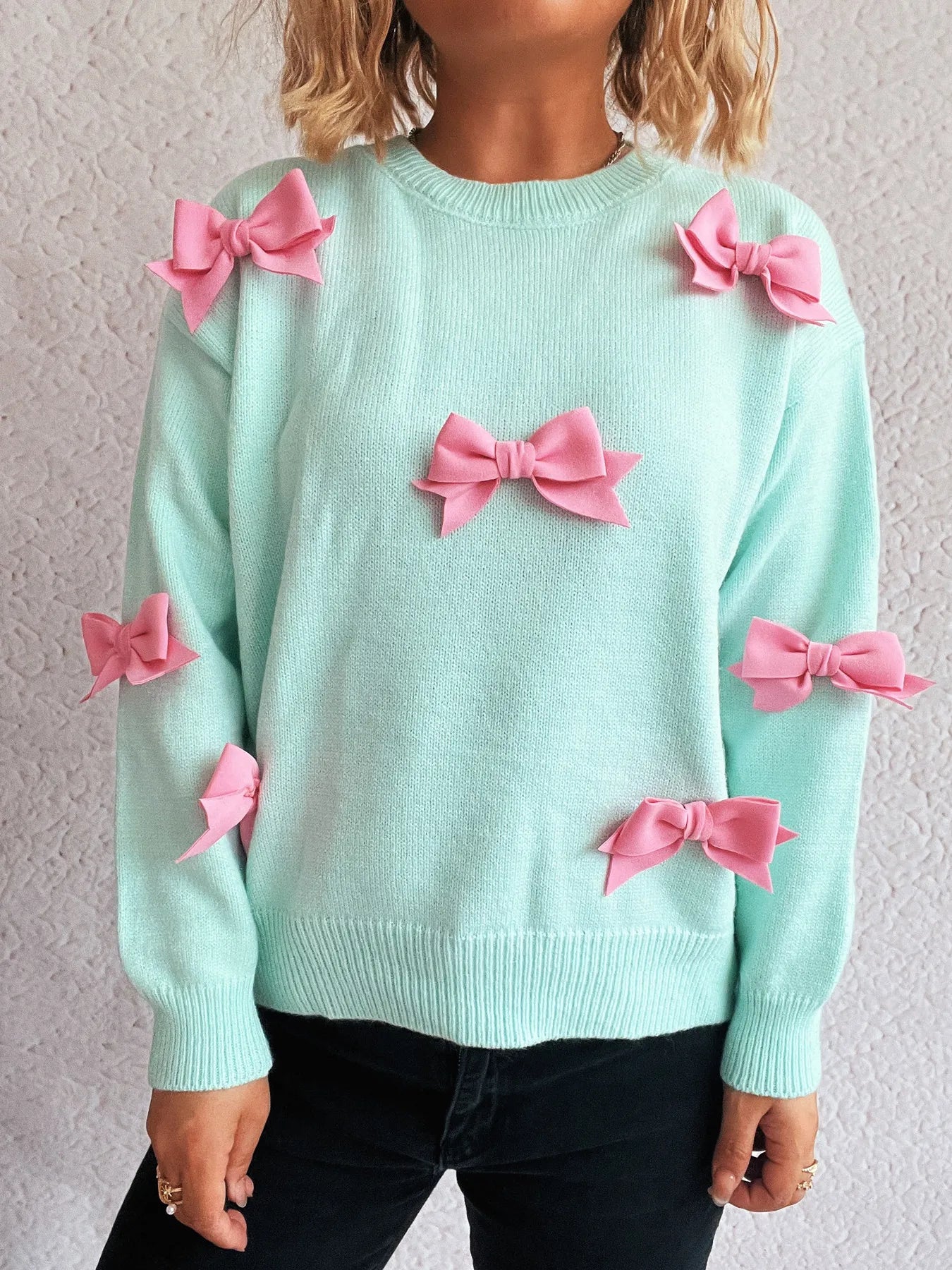 Bow Round Neck Long Sleeve Sweater - Fashorio