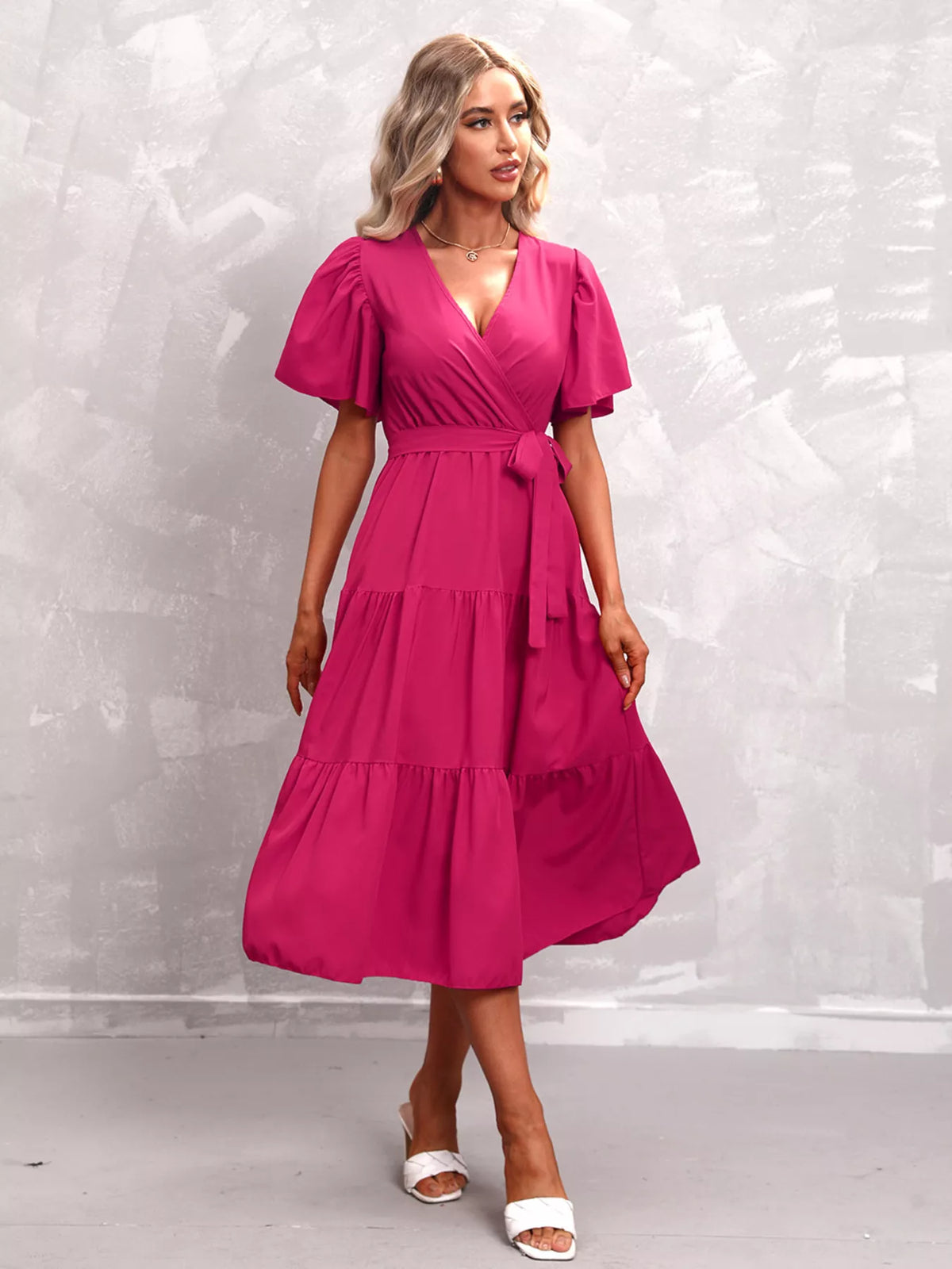 Flutter sleeve tiered midi dress front view