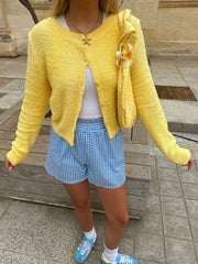 Cropped Button-Front Sweater Cardigan Yellow - Fashorio