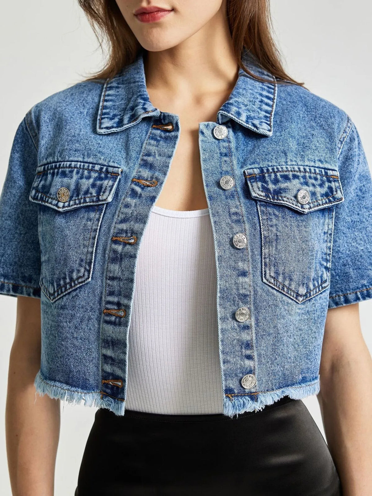 Cropped Short Sleeve Denim Jacket in Blue back view