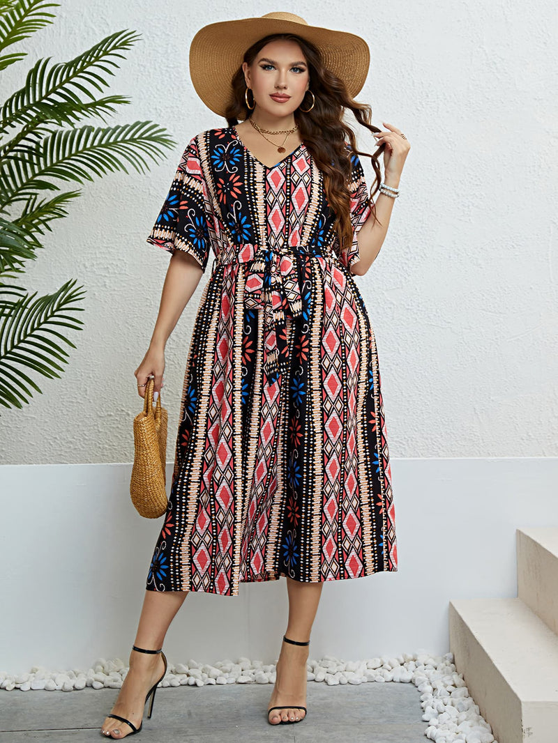 Bohemian V-neck tie belt midi dress front