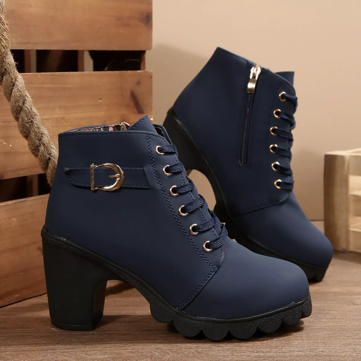 Lace up block heel suede boots front view