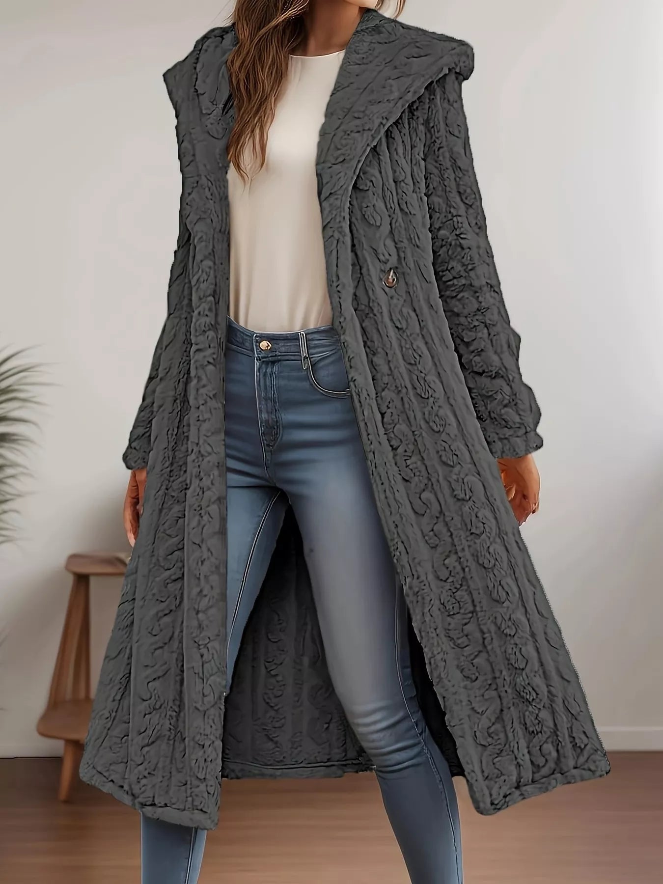 Sherpa Longline Hooded Coat Grey - Fashorio