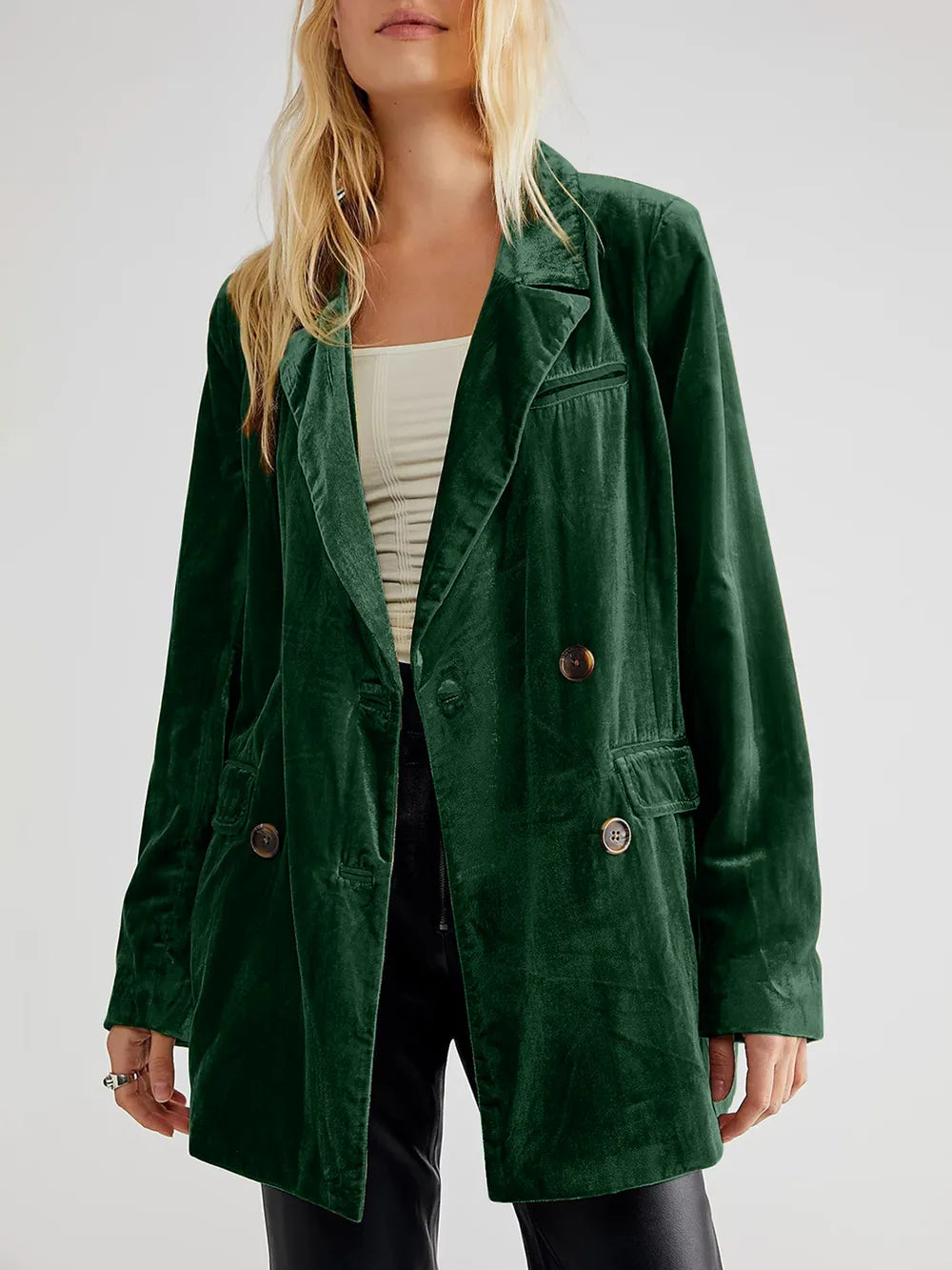 Lapel Collar Long Sleeve Blazer with Pockets Dark Green - Fashorio