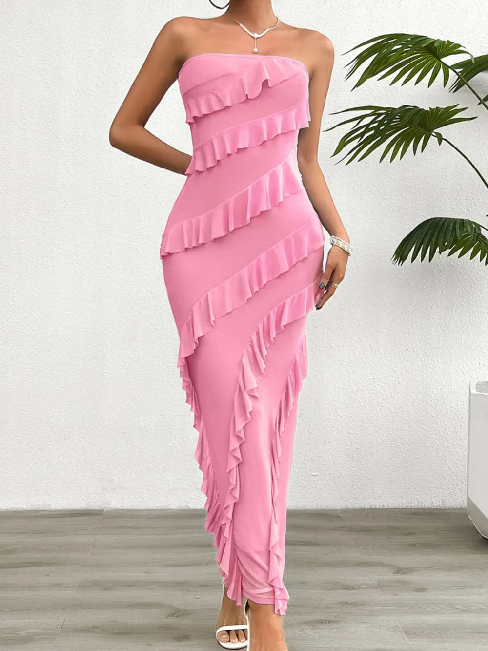 Strapless tube maxi dress with ruffled back slit, shoulder and bodice detail